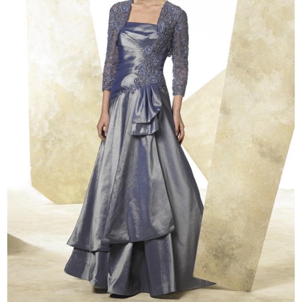 Montage by Mon Cheri Shimmering Purple Gray Long Sleeve Dress